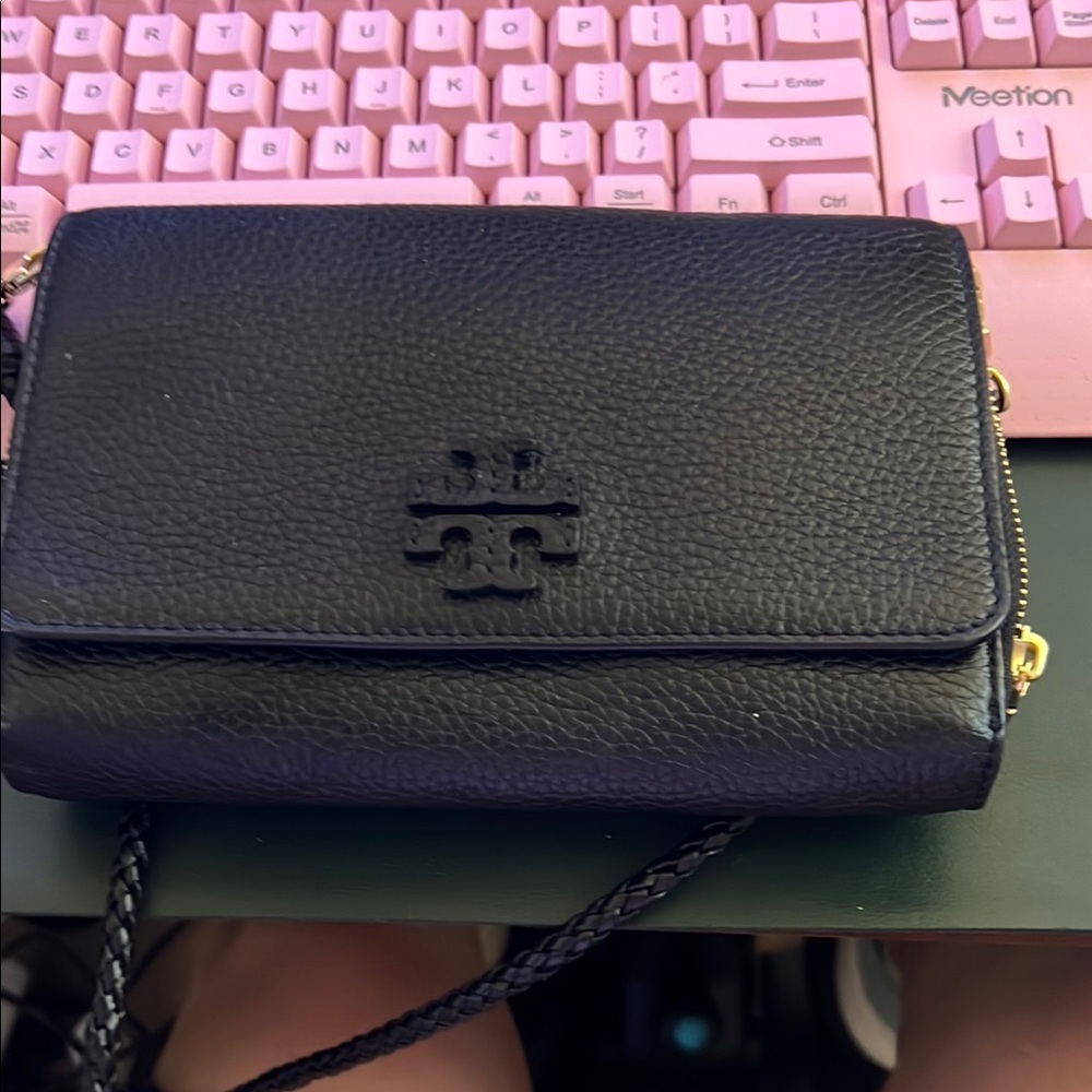 Tory Burch Black Crossbody Bag with Flap Closure and Gold Hardware